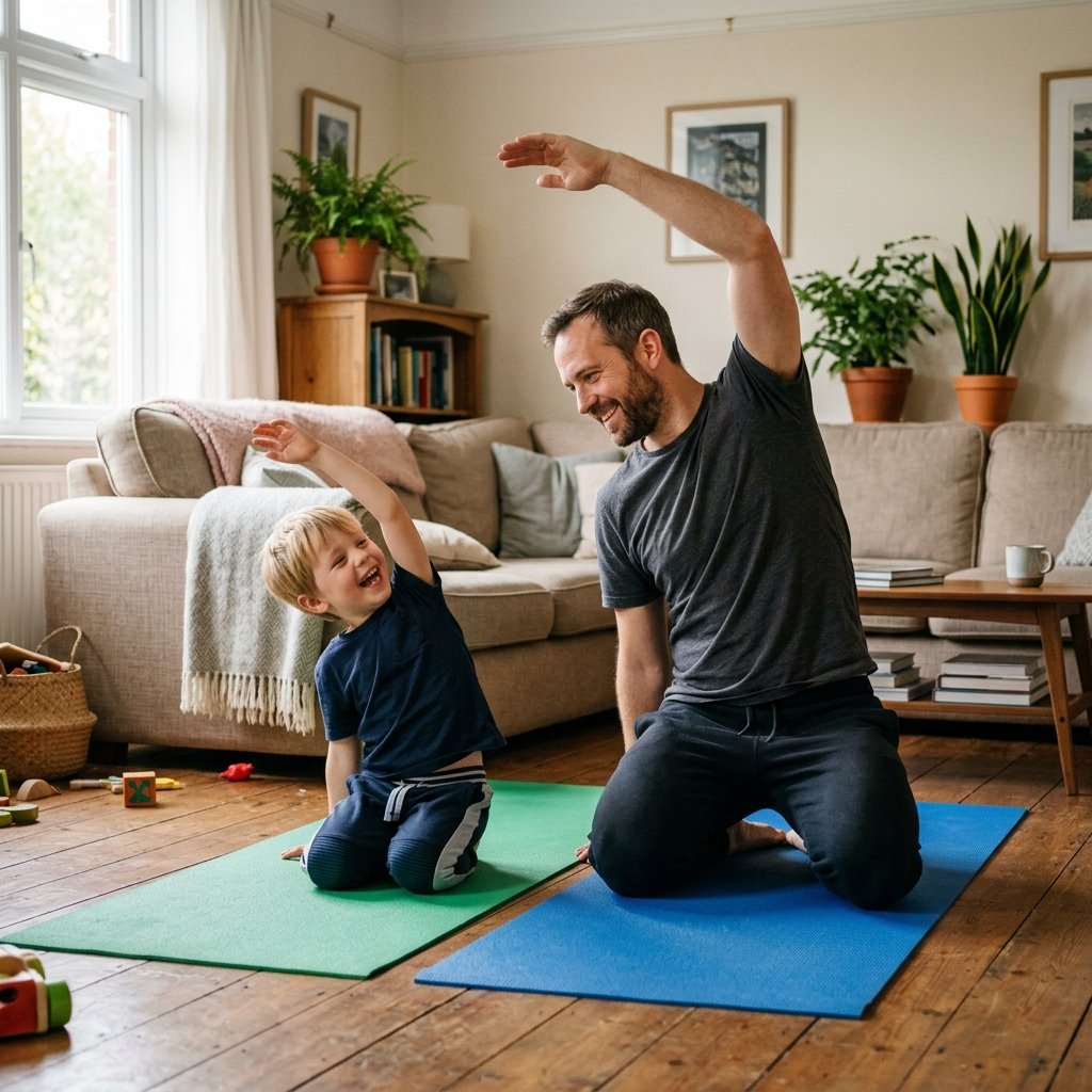 Pai e filho fazendo exercícios juntos na sala de casa